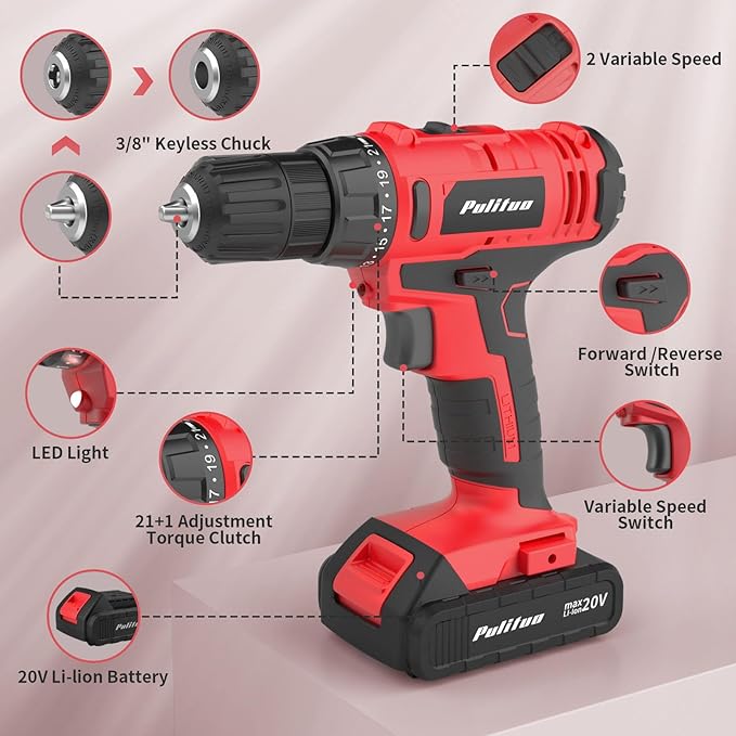 PULITUO 20V Cordless Drill/Driver, 2 Batteries Electric Screwdriver, 30Nm Power Drill Driver, 21+1 Torque, 2 Speed, 3/8"Keyless Chuck, power Drill with LED Light, Drill Driver Kit for Home (Red)