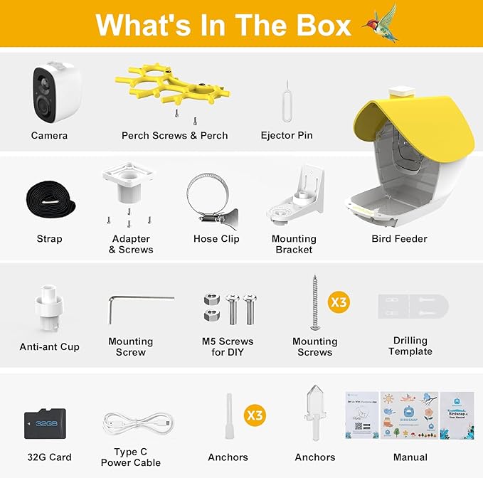 birdsnap® MON - Bird Feeder with Camera, 2K Detachable Video Bird Feeder Live with 32GB Card Fruit Fork, AI Identify Feather Species, Auto Record in Backyard, Ideal Gift for Birds Lover