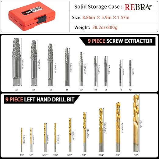 Screw Extractor Set, 37# Cr-Mo & 6542 HSS Steel Cobalt Left-Hand Drill Bit, Easy Out Broken Bolt Remover Reverse, Ez Out Stripped, Rounded-Off, Damaged Bolts, Screws&Studs Removal Tool (18-Pieces)