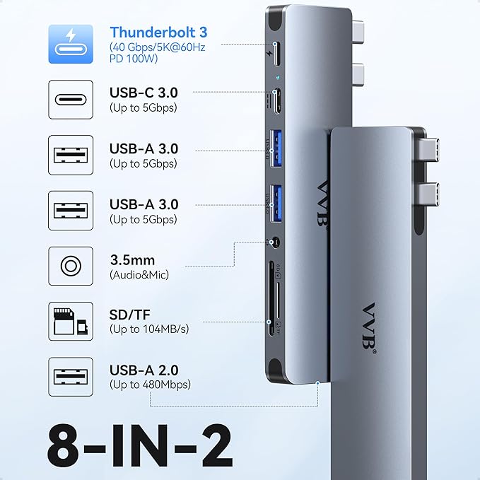 USB C Adapter for MacBook Pro Air M1 M2 M3 2021 2020 2019 13" 15" 16",USB C Hub Mac MacBook Pro Accessories Dongle USB C with 3 USB Ports+SD/TF Card Reader+100W Thunderbolt 3 PD Port+3.5mm Audio