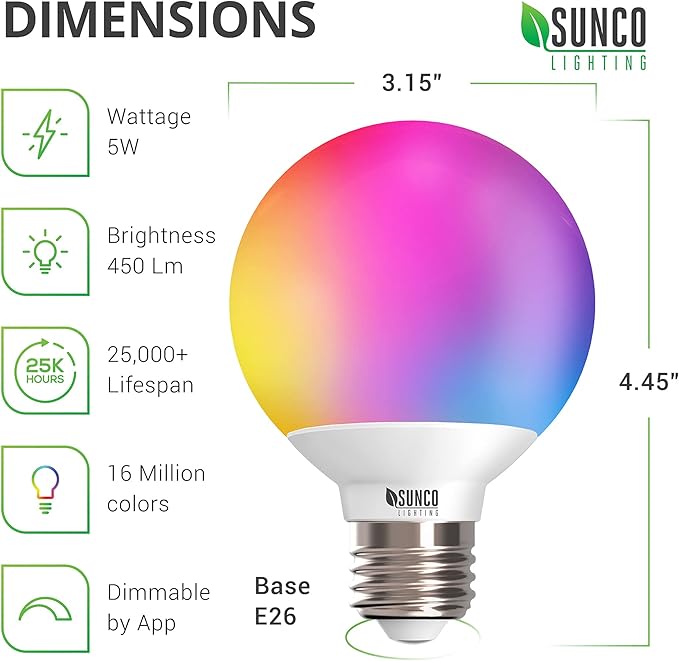 Sunco Smart Globe Bulbs G25 LED, Alexa Compatible LED Decorative Round Vanity Bulbs, 5W, Color Changing RGBCW, Dimmable WiFi Vanity Smart Bulbs for Amazon Alexa, Google Assistant, 2 Pack.