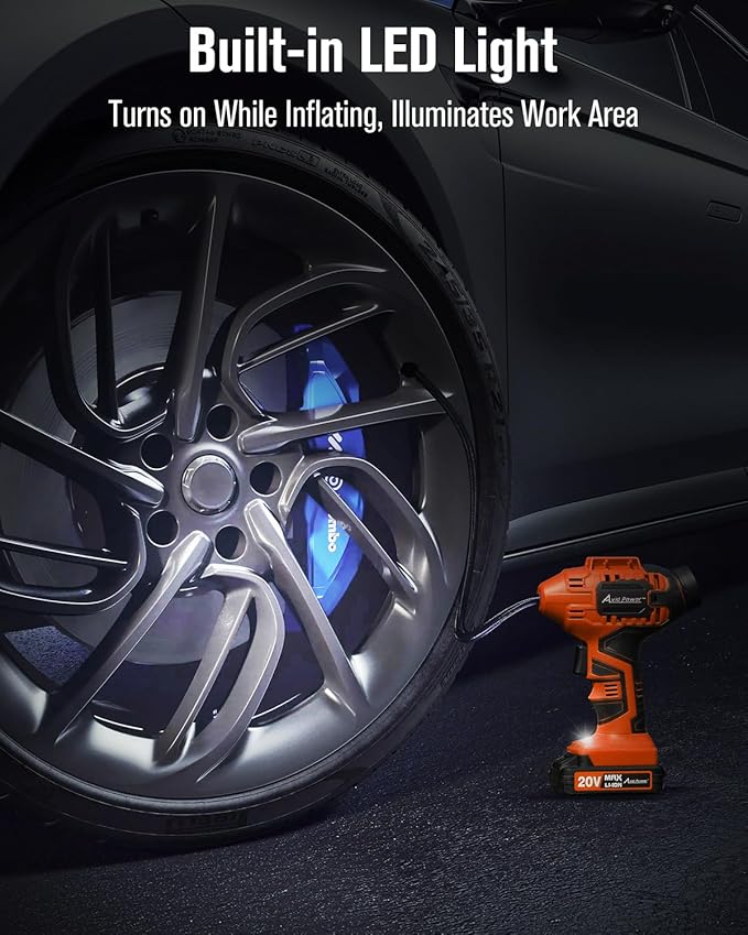 Avid Power Tire Inflator Portable Air Compressor, 20V Cordless Rechargeable Battery Tire Pump w/ 12V Car Power Adapter, Digital Pressure Gauge, Auto Air Pump for Many Inflatables (Orange)