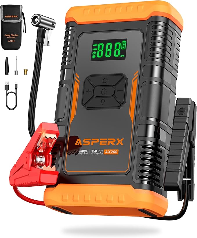 ASPERX Jump Starter with Air Compressor,γUpgrade & Safety Certsγ10L Gas/8L Diesel(Almost All Cars) 12V Jumper Box Car Battery Jumper Starter Portable with Tire Inflator, Jumper Cables, Display & Light