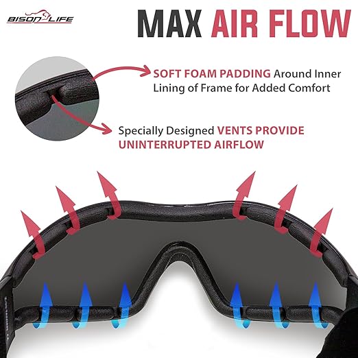 BISON LIFE Mirage Vented Safety Goggles with Adjustable Elastic Band & Protective Pouch, UV Protection Eye Goggles for Outdoor Activities, Black, Dustproof Glasses for Men & Women (1 Pack)