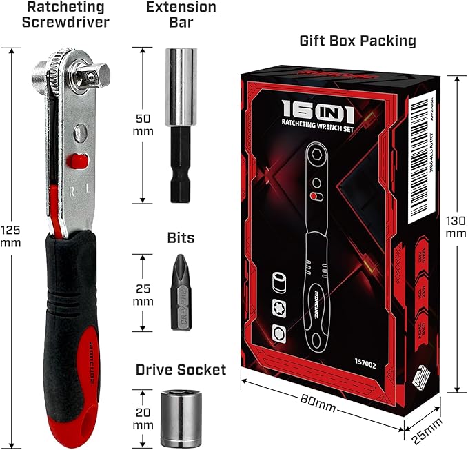 Angle Ratchet Screwdriver Set: 16 Piece Magnetic Bit & Socket with 90 degree Mini Offset Low Profile Reversible Drive Handle - DIY Bike Tight Spaces