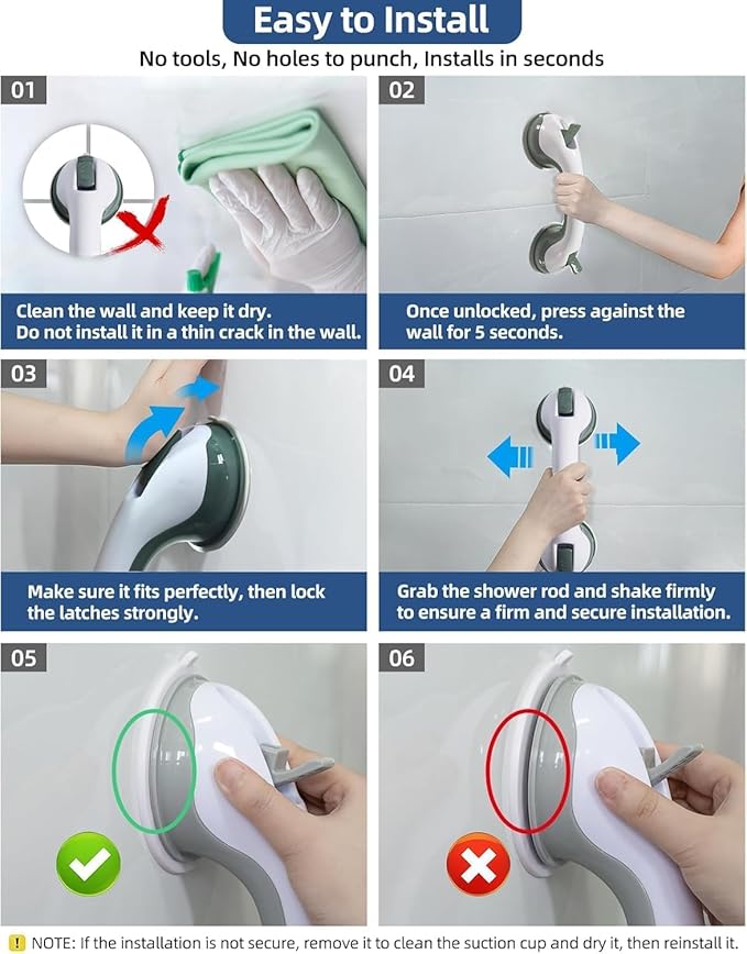 1 Pack 15.23” Grab Bars for Bathtubs and Showers, Shower Handles for Elderly Suction Cup Grab Bars for Shower Wall Heavy Duty, Safety Grab Bar for Seniors Suction Bathroom, No Drilling Waterproof