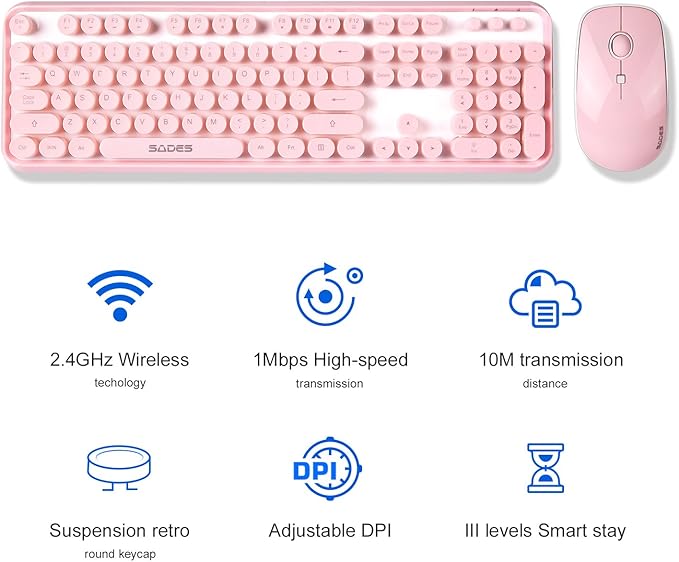 Pink Wireless Keyboard Mouse Combo,104 Round Keys Cute Colorful Keyboard Retro Typewriter Style,Letton Full Size Keyboard with Number Pad&Mouse with 3 DPI for PC Mac Laptop Computer Windows