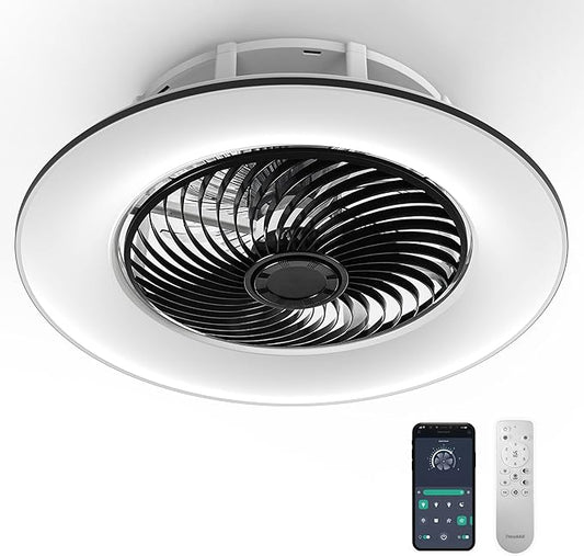 Bladeless Ceiling Fan with Light and Remote Control Low Profile Ceiling Fan 22" Modern Enclosed Multi-Speed Indoor Ceiling Fan 3 Color Temperatures Smart LED Dimmable Lighting (Black)