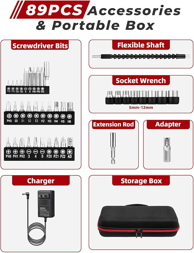 Cordless Electric Screwdriver Set, 8V 10Nm Rechargeable Power Electric Drill, Battery Screw Gun with Driver Bit, 320RPM/10+1 Torque, 2 Position Handle, Flexible Shaft LED Light (Red, 89Pcs)