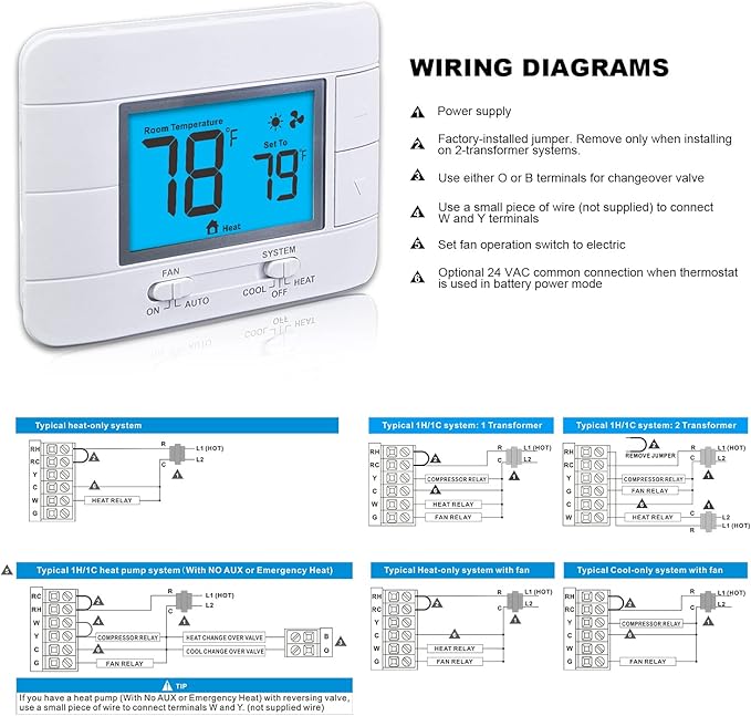 Non Programmable Thermostat for Home 1 Heat/ 1 Cool Single-Stage System, with Room Temperature Monitor (LCD Blue Backlit Screen)