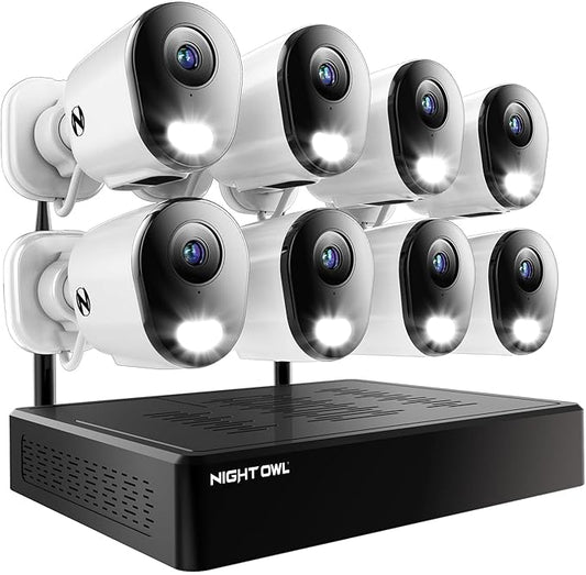 Night Owl 10 Channel Bluetooth Video Home Security Camera System with (8) Plug-in Wi-Fi 2K HD Indoor/Outdoor Spotlight Cameras with 2-Way Audio and 1TB Hard Drive (Expandable up to 10 Cameras)