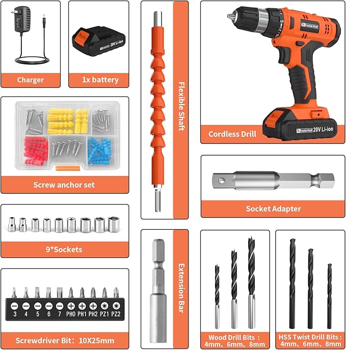 20V Electric Power Drill Set, Torque 30N, 21+1 Torque Setting, 3/8-Inch Keyless Chuck, LED Electric Drill Kit, Orange