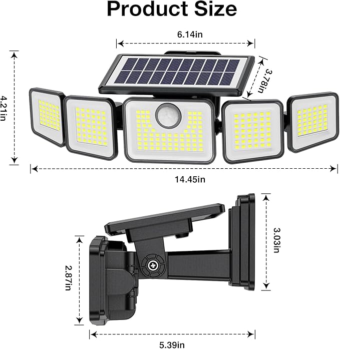 6000LM Solar Lights Outdoor, Solar Flood Lights Outdoor, 230 LED 5 Heads Motion Sensor Lights Waterproof with Remote Control for Outside Yard House Patio 2 Pack