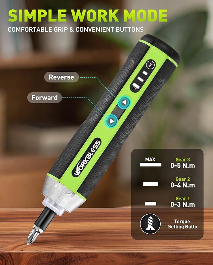 Electric Screwdriver Set, 4V Cordless Screwdriver with 3 Torque Settings, 300RPM & 5N.m Max Torque, LED Light, USB-C Charging Cable with 26Pcs Accessory Kit for Furniture, DIY