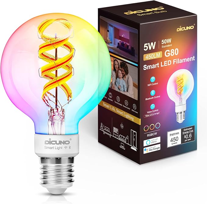 DiCUNO Smart Edison Bulb G80, Color Changing WiFi Smart Light Bulb, Vinatge Globe Filament Bulb Compatible with Alexa & Google, Dimmable with App, 50 Watt Equivalent 450LM, No Hub Required, 1 Pack
