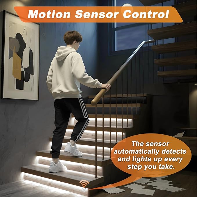 Smart Motion Sensor Stair Light for Indoor Use with Main Wire, No Wiring Required 40 inches Long COB LED Stair Lights Indoor with Remote Controller (Cool White 6000K, 16 Stairs)