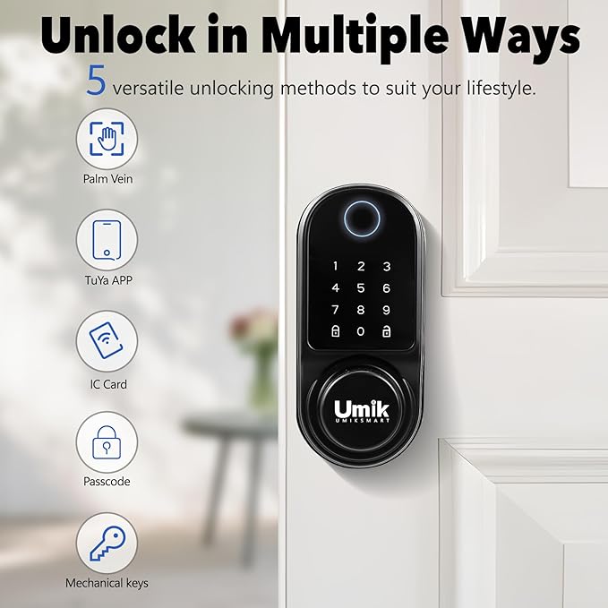 Smart Door Lock with Palm Vein, 5 in 1 Keyless Entry Door Lock, Electronic Keypad Deadbolt for Front Door, IP65 Waterproof, Easy Install, Auto Lock (Black)