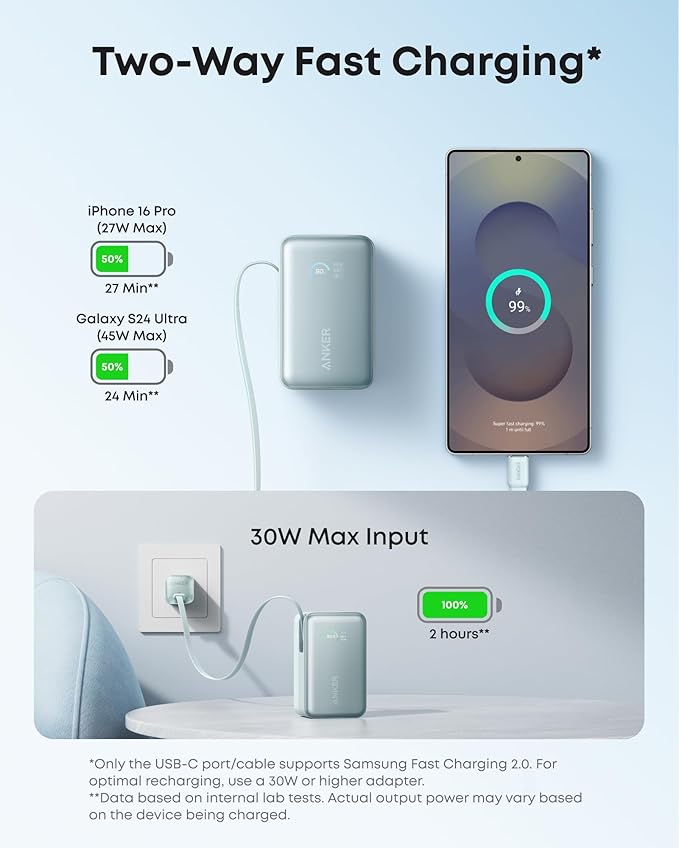 Anker Nano Power Bank, 10,000mAh Portable Charger with 2.3 ft InstaCord Retractable Cable, 45W Max Compact Battery Pack, Smart Display, for iPhone 16 Series, iPad, Galaxy, Pixel, and More