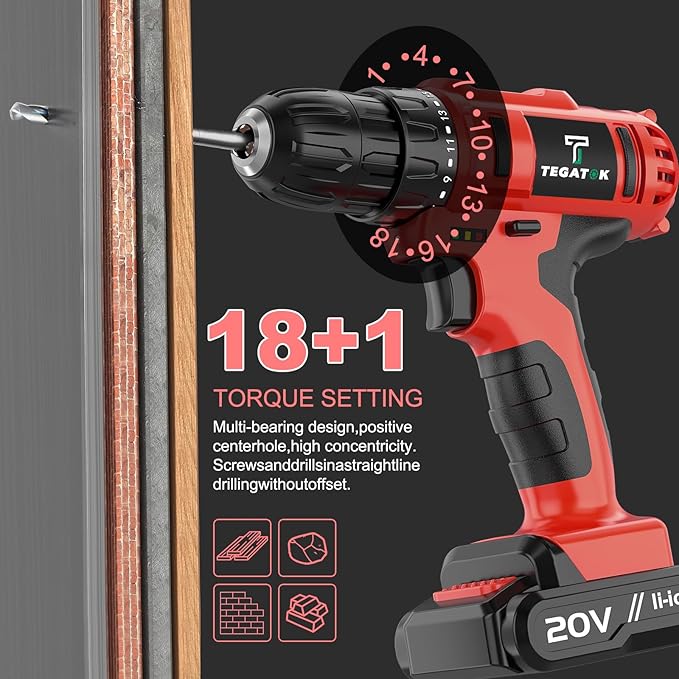 Cordless Drill Set, 3/8 Drill Handheld Screwdriver Kit with 18+1 Torque Setting, 20V Electric Drills Tools Bit, LED Electric Power Drills with Battery and Charger, Red