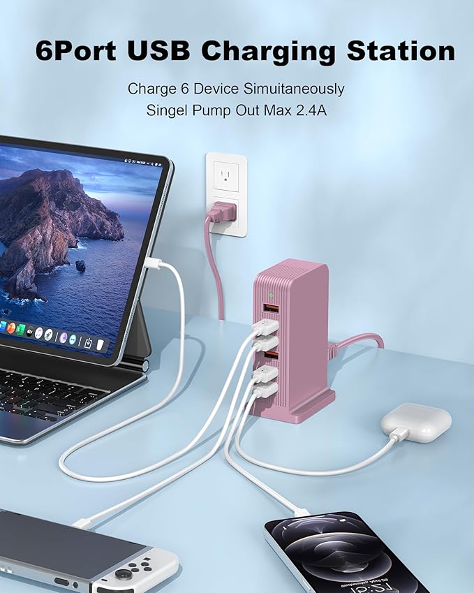 USB C Charging Station - USB Charging Hub,6 Port USB Charger Tower for iPhone 15/14/13/12, iPad, Samsung Galaxy, Google Pixel,HTC, and Multiple Devices (pink-50W)