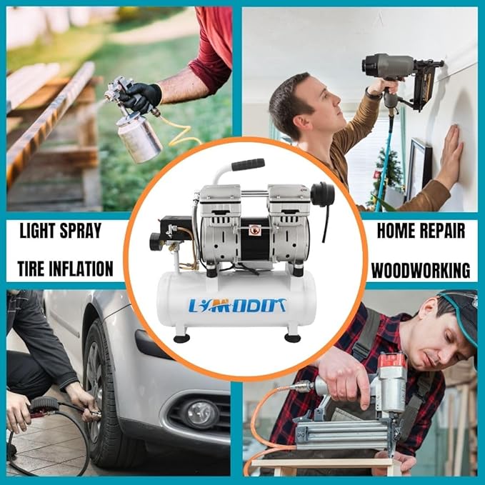 Air Compressor, Ultra Quiet, Only 60dB, 2 Gallon Steel Air Tank, Oil Free, 2.5 CFM at 90 PSI, Fast 14s Recovery Time, Ideal For Shop, Garage, Nail Gun, Pneumatic Tools, 1HP