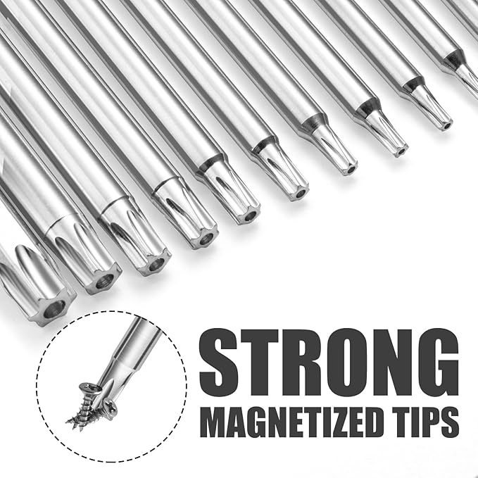 11 Piece Security Torx Bit Set (T6-T40), 1/4 Inch Hex Shank S2 Steel Magnetic Tamper Proof star screwdriver bit set 4" Long