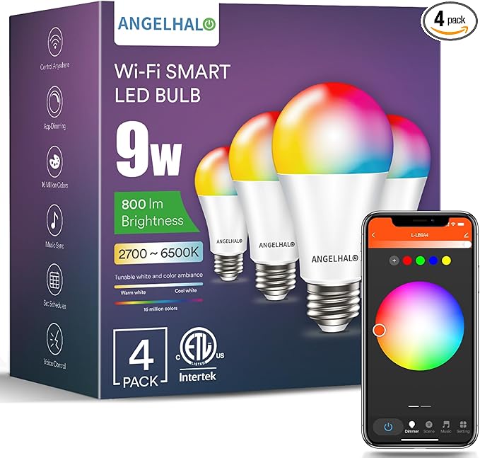 ANGELHALO Smart Light Bulbs, Color Changing A19 LED Light Bulb, Work with Alexa and Google Assistant, Wi-Fi & Bluetooth Light Bulbs, 16 Million Colors RGBCW, Music Sync, 800 Lumens, 2.4Ghz only,4 Pack
