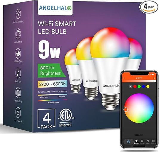 ANGELHALO Smart Light Bulbs, Color Changing A19 LED Light Bulb, Work with Alexa and Google Assistant, Wi-Fi & Bluetooth Light Bulbs, 16 Million Colors RGBCW, Music Sync, 800 Lumens, 2.4Ghz only,4 Pack