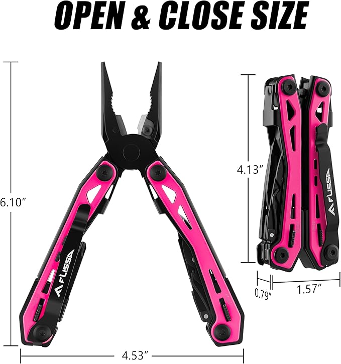 FLISSA 16-in-1 Pink Multi Tool Pliers, Gifts for Men, Stainless Steel EDC Multitool with Pocket Knife, Belt Clip and Oxford Pouch, for Camping Survival Outdoor Activities