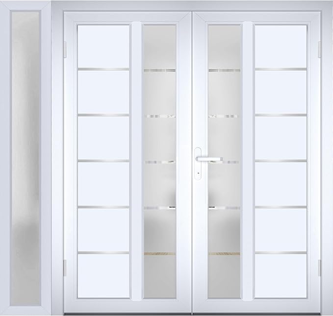 VDOMDOORS Front Exterior Prehung Metal-Plastic Double Doors/MANUX 8088 White Silk/Sidelite Exterior Window/Residential Doors Entrance Patio Garage 88 x 80