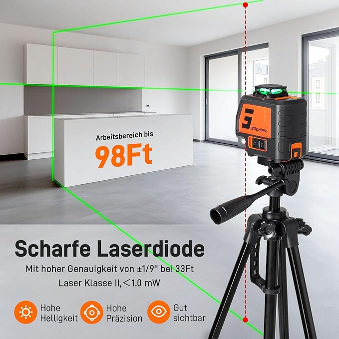 360° Laser Level with Tripod 5 Lines Laser Level 2 Plumb Dots Self Leveling Green Line Laser Level Tool for Construction, Floor Tile Included Target Plate, Battery, Carry Bag, Black + Orange