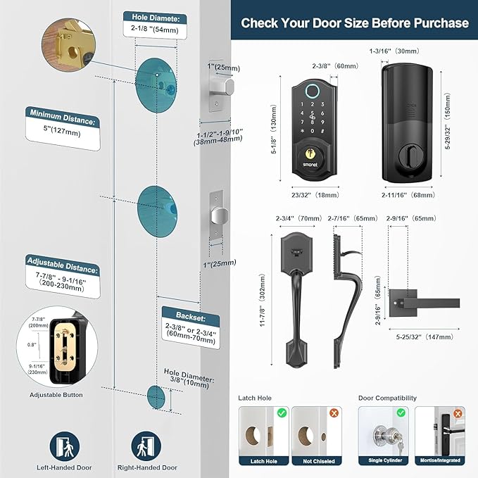 Smart Lock Front Door, SMONET Keyless Entry Door Lock with Handle, Smart Front Door Lock Set Fingerprint Smart Deadbolt Bluetooth Electronic Digital Keypad Lock, Auto Lock Work with Alexa, Black