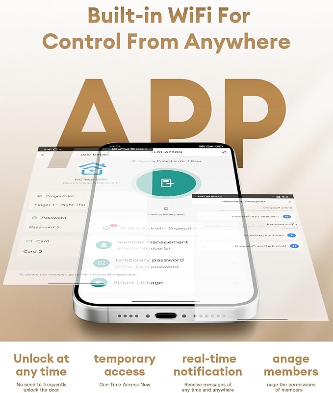 NGTeco Keypad Door Lock with Handle, Fingerprint Door Knob, Smart Lock for Front Door, Keyless-Entry Fingerprint, Electronic Deadbolt with APP