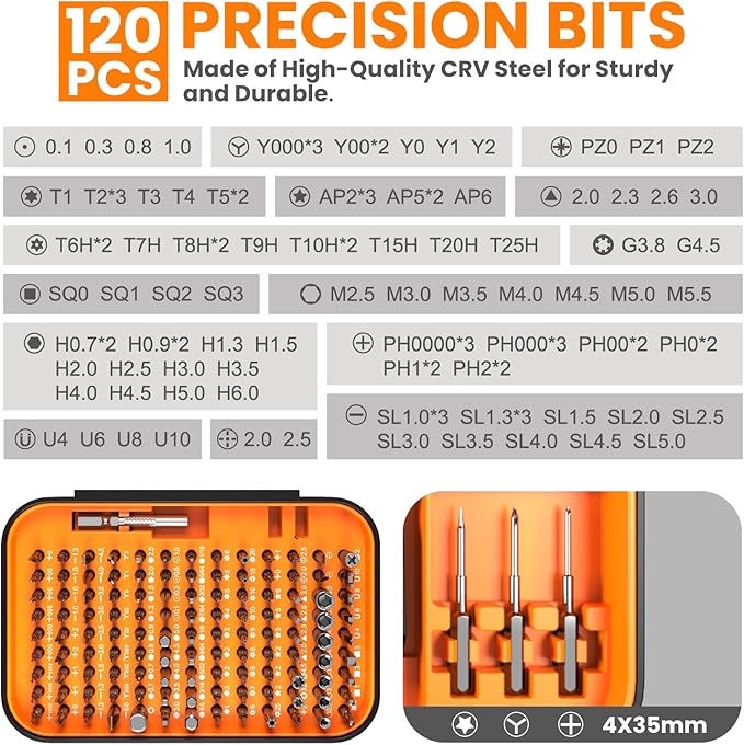 150 IN 1 Precision Screwdriver Set, 120 Bits Full Range Small Screwdriver Set, Magnetic Mini Repair Tool Kit for Ring Doorbell, Laptop, Switch, PS5, Xbox, Macbook, iPhone, Watch, Glasses - Orange