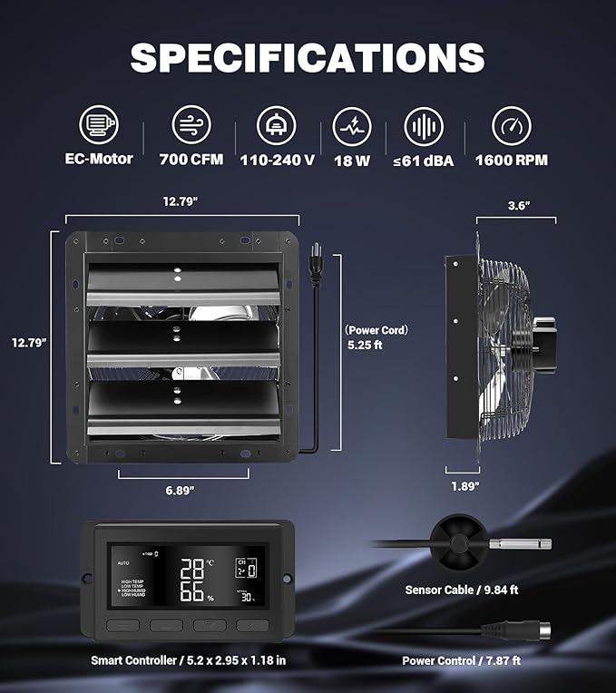 YOZON 10 Inch Attic Fan with Thermostat, Garage Exhaust Fan with Smart Temperature Humidity Controller, EC Motor, 700 CFM, 10-Speed Adjustable for Chicken Coops, Greenhouses, Workshop Ventilation