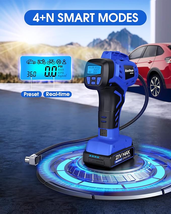 Smart Cordless Tire Inflator Portable Air Compressor Rechargeable 21V Battery Powered 160PSI Handheld Air Pump w/4+N Smart Modes & Dual Power & Digital Pressure Gauge for Cars Motorcycles