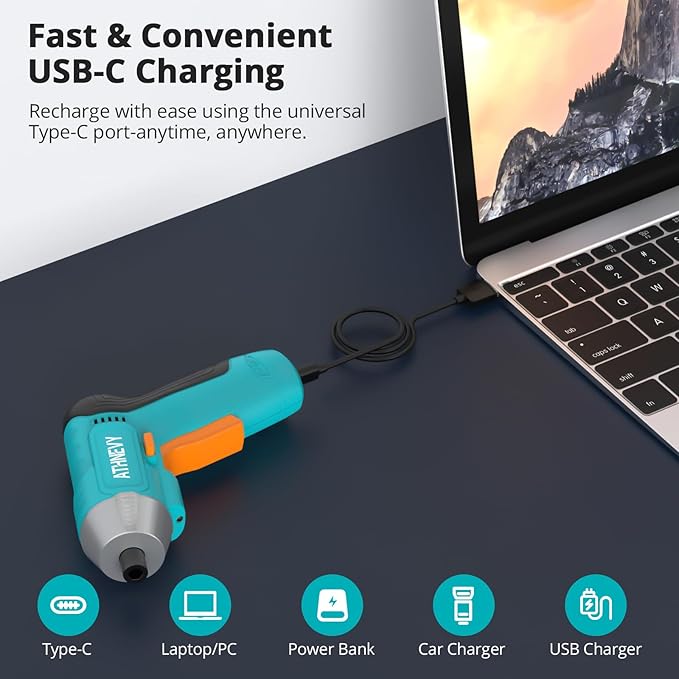 Electric Screwdriver, Rechargeable 3.7V Cordless Screwdriver with 29pc Bit Set, USB-C Charging Max 4N.m High Torque, 250 RPM, 1500mAh Battery & LED Light, for Home Repairs and DIY Project