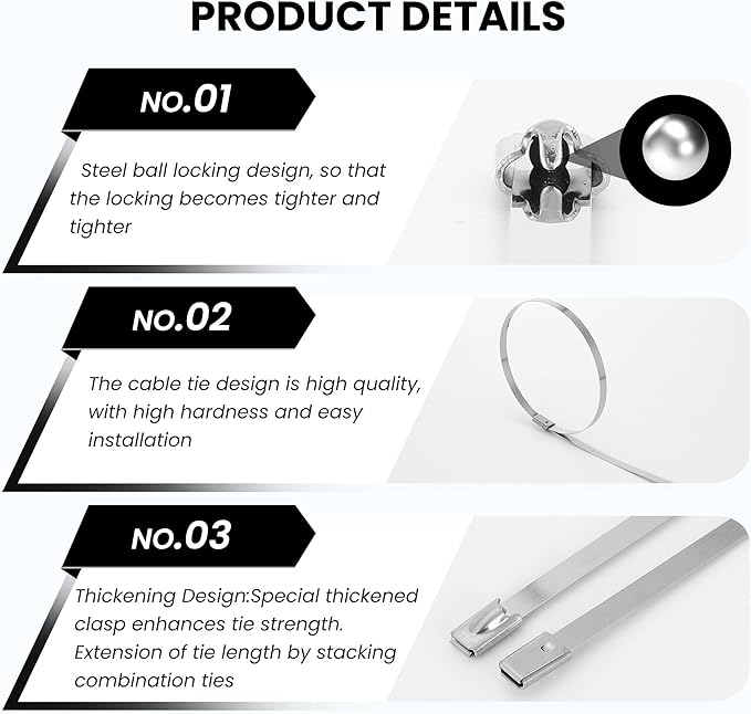 100 PCS 11.8 Inch Stainless Steel Metal Zip Ties – Heavy Duty Outdoor Cable Ties with Self-Locking Design for Machinery, Vehicles, Farms, Pipes, Roofs, Cables