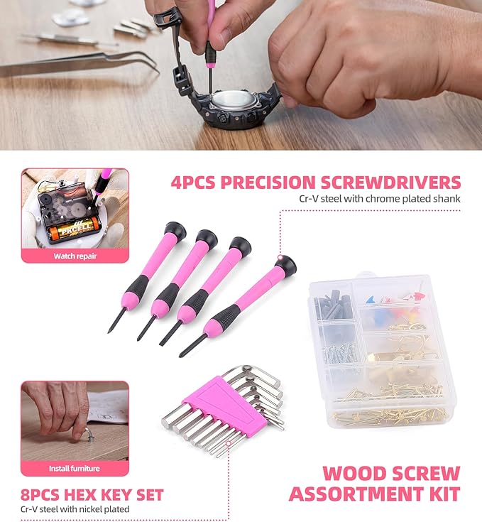 Pink Household Tool Set with 3.6V USB Electric Screwdriver, 136 PCS Home Tool Kit with Cordless Lithium-ion Drill Driver, Hand Tool Kits for Women
