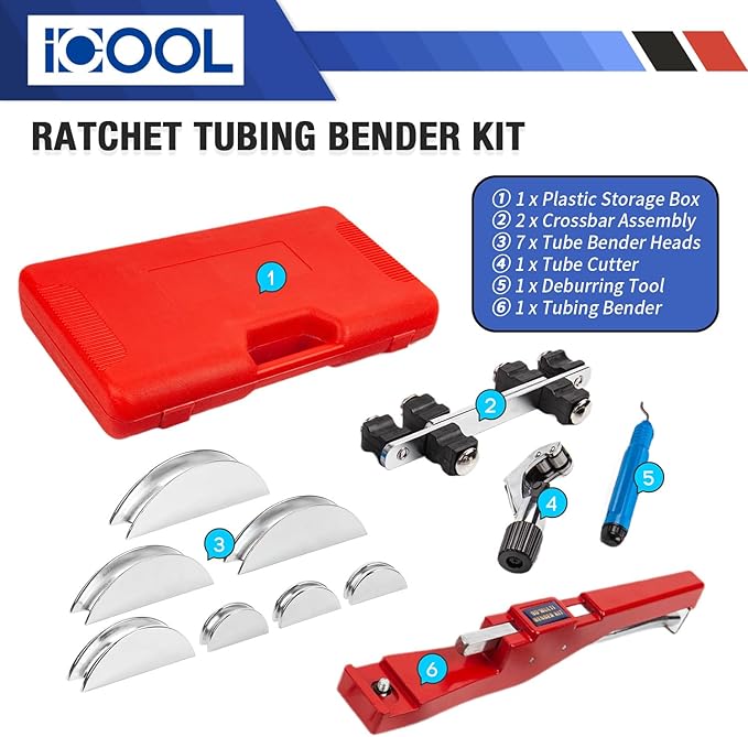 ICOOL Tubing Bender Kit Hand Tool 1/4 to 7/8 Inch for Soft Copper Aluminum HVAC Refrigeration System Maintenance, with Tube Cutter