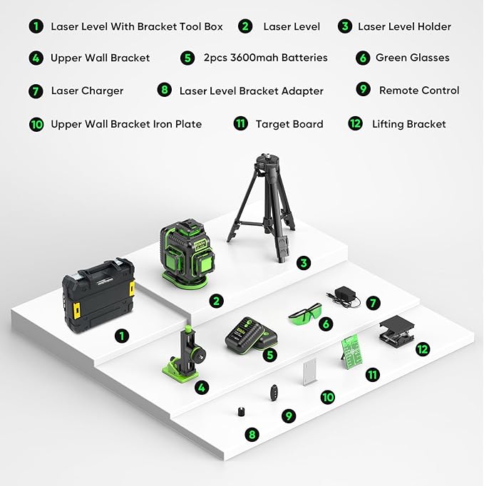 Laser Level 360 Self Leveling with Tripod, Elikliv 4D Laser Level, 165Ft Green Laser Level Lines Tool, 4x360° Cross Line Laser for Construction, Picture Hanging, Floor Tile, Renovation