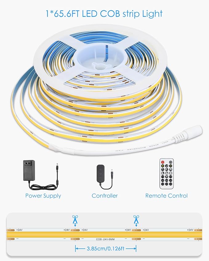 65.6FT/Roll COB Led Strip Lights 3000K 24V Dimmable LED Light Strip with Remote/App CRI 90+ Warm White 480LED/M Hight Density Super Bright Flexible LED Tape Light for Bedroom Cabinet Home DIY Lighting