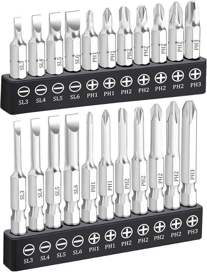 22 Piece Slotted Phillips Screwdriver Bit Set, 1/4 Inch Hex Shank S2 Steel Magnetic 1" and 2" Long Drill Bits