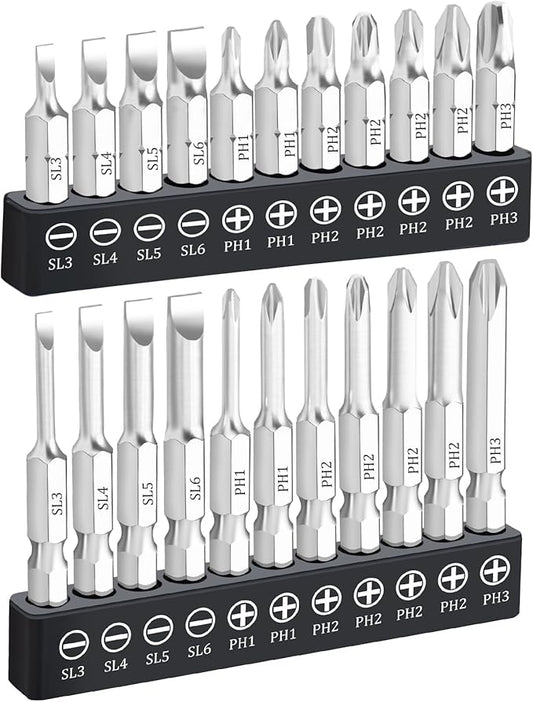 22 Piece Slotted Phillips Screwdriver Bit Set, 1/4 Inch Hex Shank S2 Steel Magnetic 1" and 2" Long Drill Bits
