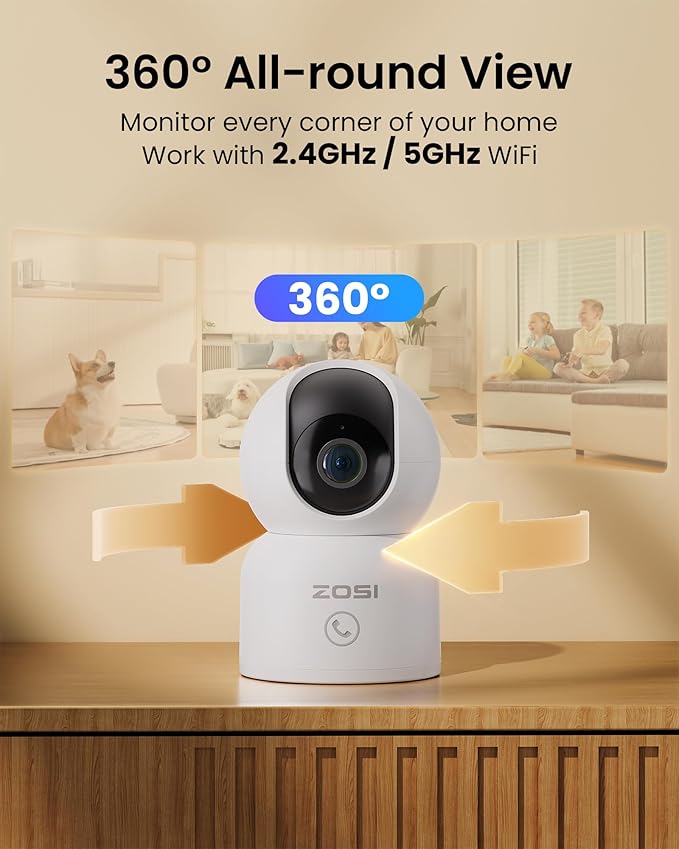 ZOSI C518 4MP Indoor Pan/Tilt Smart Home Security Camera for Pet Dog Baby Monitor,2.4G/5G Dual-Band Plug-in WiFi Cam,Auto-Tracking,Night Vision,Human Detection,2 Way Audio,Cloud&Memory Card Storage
