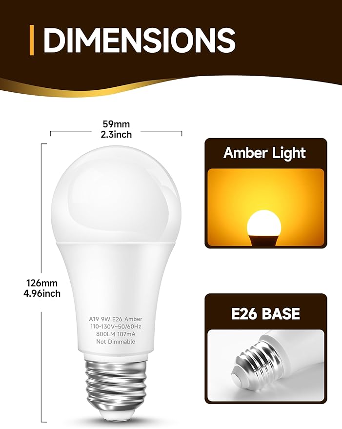 Amber Sleep Light Bulbs, Blue Light Blocking, 9W (60W Equivalent), 1800K A19 E26 Warm White Dim Light Bulb for Bedroom, Nursery, Relaxation –Eye Comfort, Better Sleep