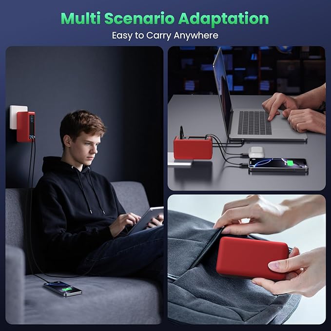 120W USB C Charger Block with 2 Built-in Retractable Cables,4-in-1 GaN IV Foldable Plug Wall Charger Fast Charging Station,PD 65W Laptop Adapter for MacBook/iPad,iPhone 16/15/14,Android (Red)