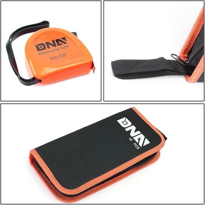 DNA MOTORING 16pcs Mechanic Home Repair Tool Set, Includes Pliers, Wrench, Hex Key, Screwdriver, Spirit Level,Tape Measurer, Mechanic repair set, w/Carrying Case, Orange/Black, TOOLS-00030