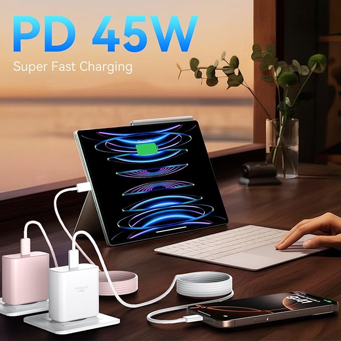 Phone 16 Pro Max Charger Fast Charging, 45W Super Fast USB C Charger Block with 10FT Long Charging Cord Cable for Phone 16 Pro Max/16 Pro/16/16 Plus,15 Pro Max/15 Pro/15,Android Phone-White&Pink