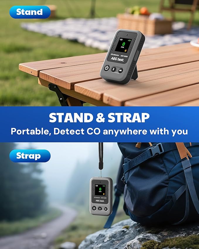 AGT-2309 Portable Carbon Monoxide Detector, 15-Day Standby, Rechargeable Mini CO Monitor with Lanyard for Travel & Camping, Handheld CO Meter with Audible & Visual Alerts, 0-1000ppm - Gray